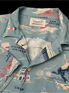 Faherty Kona Camp Shirt Mens Small Short Sleeve Blue Tour Print Button Hawaiian